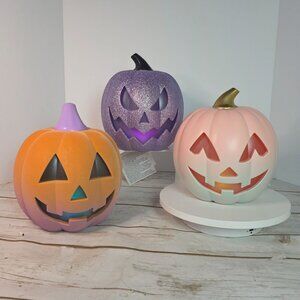 Light-Up Halloween Pumpkin Trio With Glitter & Ombre Design  Purple Orange & Whi